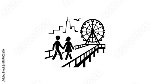 Chicago Pier Couple Holds Hands Walking