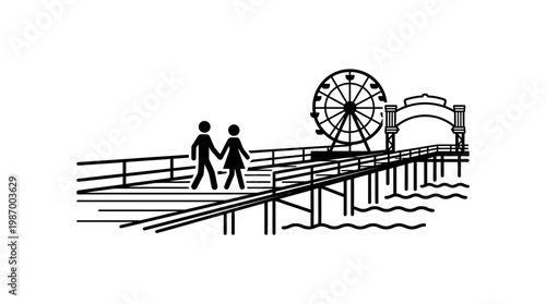 Couple Walking on a Pier with Amusement Park in Monochrome
