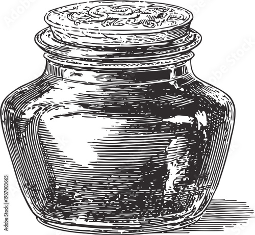 Vintage glass ink bottle with lid old fashioned ink container drawing in engraving for writing and calligraphy supplies