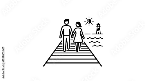 Couple Strolling on Pier Towards Lighthouse Sun and Sea