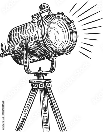 Vintage spotlight on tripod stand shining bright light rays retro stage lighting equipment illustration