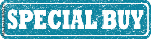 Teal rectangular rubber stamp with white distressed texture and special buy text