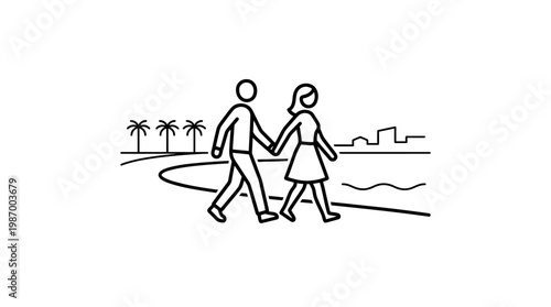 Couple Strolling Along Beachfront Line Art