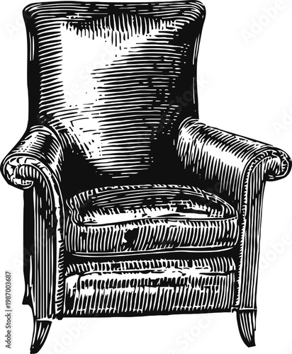 Vintage armchair illustration classic comfortable upholstered seat with rolled arms, detailed woodcut drawing furniture design