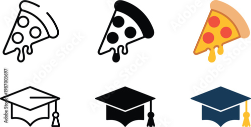 Set of pizza slice icons with pepperoni and graduation cap symbols in outline solid and colorful flat styles for university student party school catering and academic celebration events, 25 words.