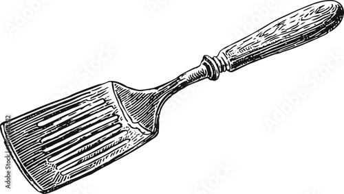 Vintage wooden spatula with slotted blade, kitchen cooking utensil, hand drawn engraving illustration