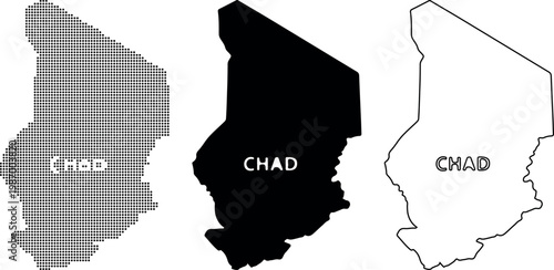 Chad map dot filled silhouette and outline with text on white Keywords: Chad, map, Africa, country, continent