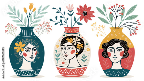 Three colorful vases with integrated human faces and floral arrangements on white background modern graphic design
