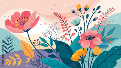 Vibrant floral composition with exaggerated shapes and colorful flowers in a whimsical garden setting with lush foliage and soft pastel background