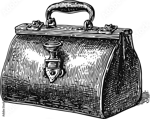 Vintage doctor bag illustration black and white detailed engraving medical equipment case