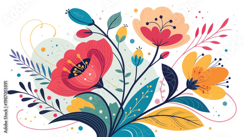 Vibrant floral composition with exaggerated shapes and colorful flowers on white background