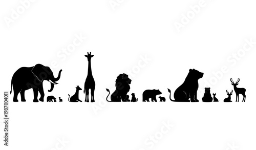 Animal family silhouettes black vector parent and baby wildlife minimal design collection