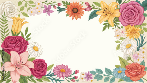 Vibrant floral border frame with colorful flowers and leaves for invitations posters or greeting cards with empty white space