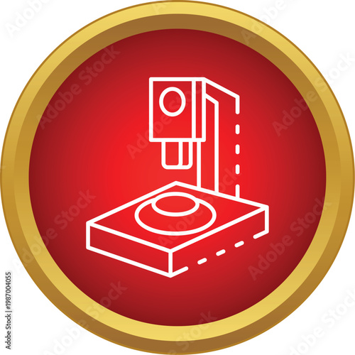 Line art medical equipment icon inside a red circle with a gold border