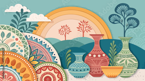 Vibrant bohemian collage with colorful pottery and cut out shapes in a scenic landscape
