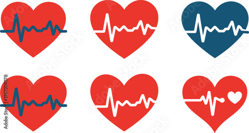 Set of red and blue heart icons with heartbeat pulse lines representing cardiology medical healthcare diagnostic fitness tracking and life insurance concept symbols, 23 words.