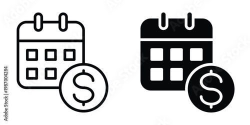 Billing Schedule and Accounting Icon Set – Calendar with Dollar Sign Symbols for Financial Planning, Payment Deadlines, and Monthly Expense Tracking (Outline and Solid Vector Graphics)