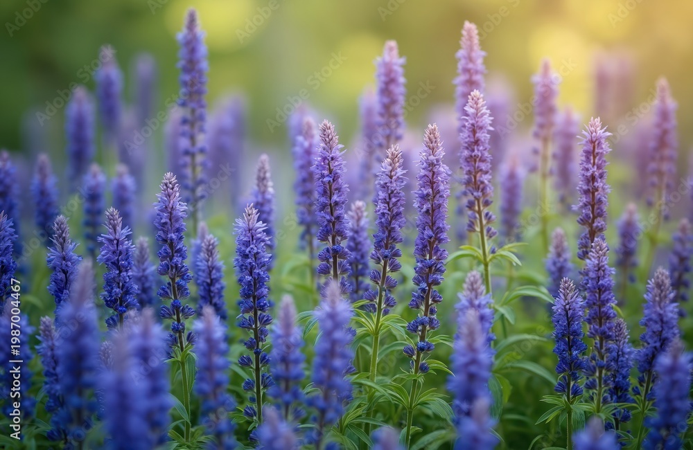 Obraz premium Spiked speedwell flowers bloom with bright blue violet petals on green stems. Delicate flora forms dense clusters in nature. Sunlight softly lights field in summer.