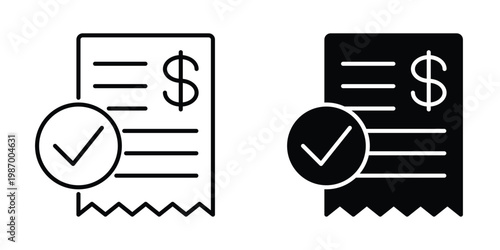 Receipt Icon Set – Payment Confirmation Symbol with Dollar Sign and Check Mark Representing Purchase Proof, Invoice Receipt, Billing Document, Accounting, and Transaction Record in Outline and Solid S