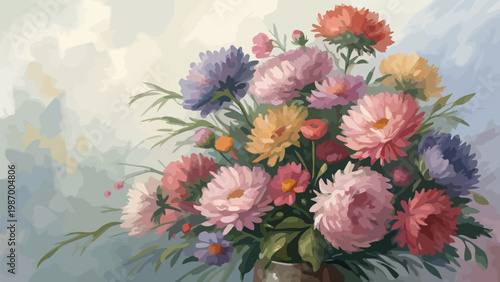 Vibrant impressionist style bouquet flowers in loose brushstroke vase colorful blooms with soft petals and green leaves on gray background