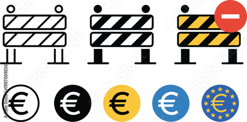 Set of road construction barrier icons and Euro currency coin symbols in flat outline and solid colorful styles for maintenance website under construction and European finance, 25 words.