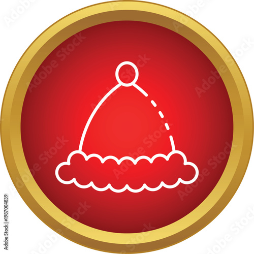 Santa hat outline on a round red button framed by gold