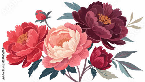 Vibrant peony flowers with bold brush style petals in pink red and white hues on white background
