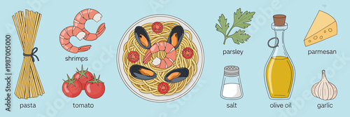 Assortment of delicious Italian food ingredients and a plate of spaghetti seafood pasta