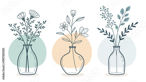 Minimal flat vases with single line botanical elements in soft pastel colors on white background