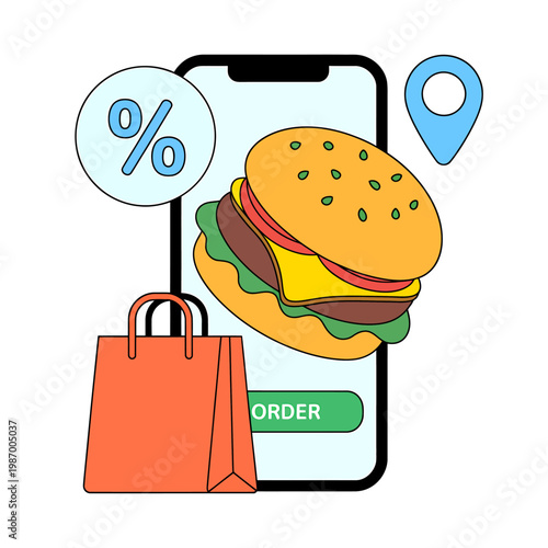 Online food ordering concept with a burger and shopping bag on a smartphone screen