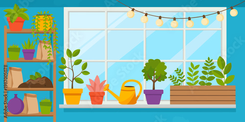 Cozy indoor plant collection thriving on a windowsill with string lights illuminating the scene