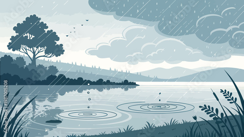 Rainy day landscape with ripples on serene lake and cloudy sky evoking calmness and tranquility in nature