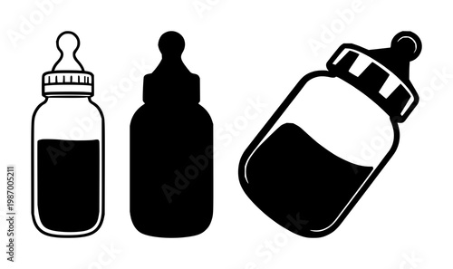 Baby bottle icon set with minimalist black design featuring infant, feeding, milk with nipple and cap