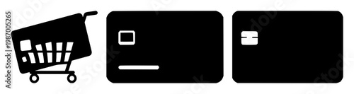 Credit card set with solid black icon design featuring checkout, credit card vector, transaction icon with monochrome and payment