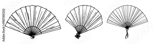 Silk fan set with delicate black line art design featuring hand painted, traditional Chinese, artistic fans with paper, silk and decorative motifs