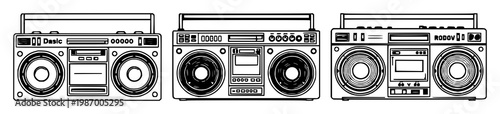 Retro boombox set with black line art illustration featuring boombox, dual speakers, music with vintage retro sound and nostalgic audio technology