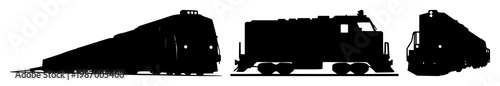 Rail freight train icon set with solid black silhouette on white background featuring transportation, rail vehicles, freight with trains and shipping