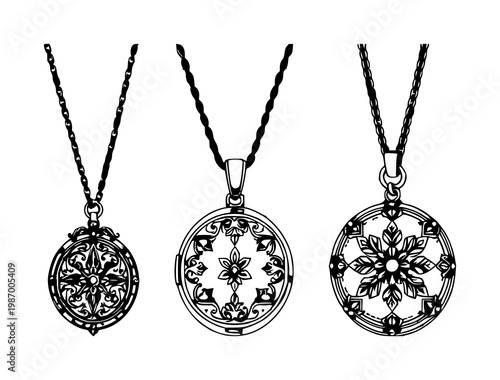 Locket set with ornate silver metal design featuring jewelry, necklace, chain with gemstones and antique style