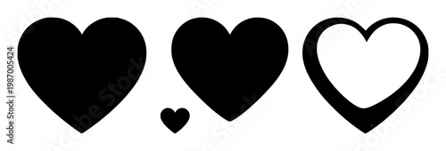 Heart icon set with solid black contour on white background featuring wish-list symbolism, love icon, minimalist design with consistency and versatility.