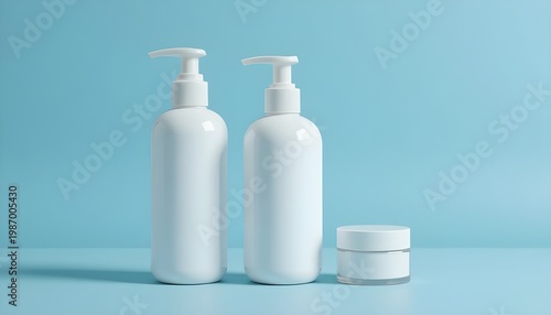 Three white plastic mockup bottles for shampoo or shower gel, along with a dispenser and a small glass tube for cream, set against a light blue empty background that has space for text and design.
