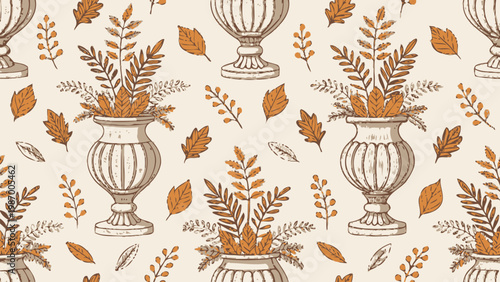 Seamless pattern with repeating vases and dried leaves on beige background for design and decoration