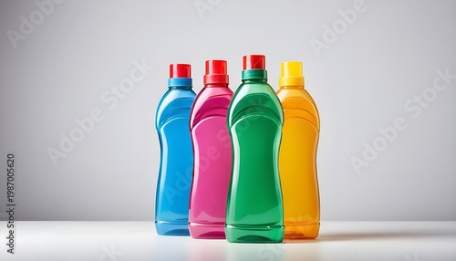 Three colorful plastic bottles for detergent cleaning agents isolated on a white background.  Plastic bottle isolated with a clipping path.  There's empty space for text.