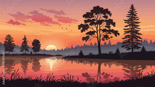 Serene sunset landscape with glowing sky trees and calm water reflection peaceful natural scenery