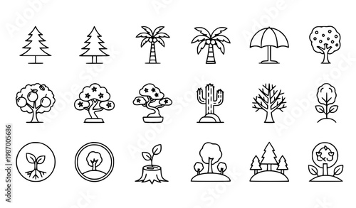 Outline Tree Icon Pack Vector Set of Nature Forest Bonsai Palm Pine and Eco Editable Stroke Symbols