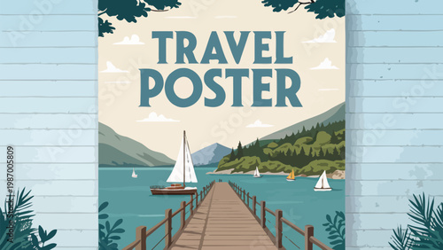 Vibrant travel poster with scenic lake dock and sailboats on tranquil water surrounded by lush green mountains and trees under a light blue sky