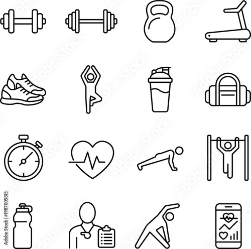 Fitness sport vector line icons illustration graphic design set featuring gym equipment, exercise poses, and wellness elements. This versatile collection is ideal for various digital projects.