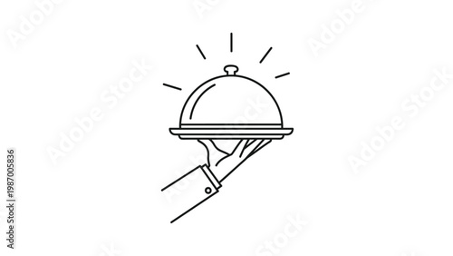 Professional hand wearing a suit sleeve holds a silver platter with a dome cloche cover ready to serve a delicious gourmet meal.