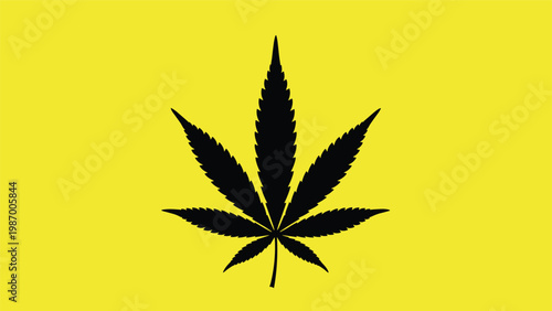 Single black silhouette of a cannabis sativa leaf centered on a bright yellow background representing medical marijuana or hemp products.