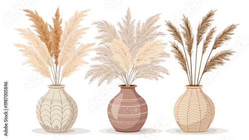 Three ceramic vases with dried pampas grass on white background bohemian home decor