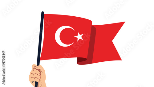 Hand firmly holding the national flag of turkey featuring a white crescent moon and star on a bright red field against a white background.